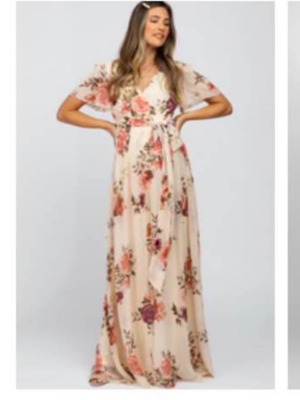 Cream Floral Wrap Maxi Dress with Pink Rose Print Pinkblush